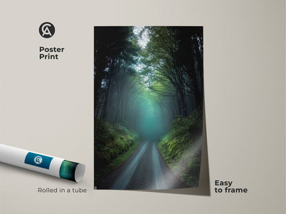 Poster print showcasing a misty forest road. This dark green teal nature landscape is easy to frame. Rolled in a tube this rustic woodland artwork brings a foggy trees pathway to your home. Perfect as residential wall art. It offers a serene atmospheric forest scene