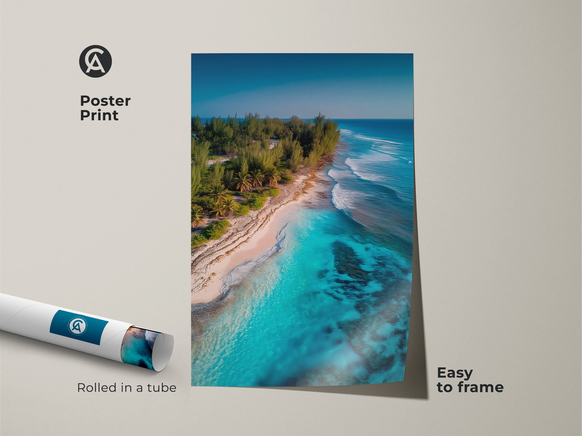 This poster print features an aerial view of a stunning tropical beach. The turquoise water contrasts with the white sand. Green foliage provides a lush backdrop. Easy to frame this beach artwork brings the beauty of the tropics home. Rolled in a tube for protection.