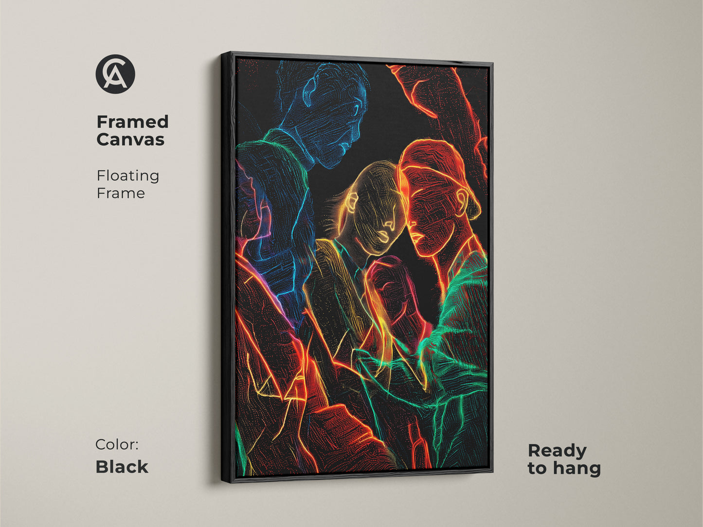 Framed canvas with a floating black frame showcasing neon line art. The contemporary group portrait features abstract figurative people artwork. Red blue and green neon creates a modern edgy look that is ready to hang for unique home decor.