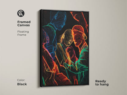 Framed canvas with a floating black frame showcasing neon line art. The contemporary group portrait features abstract figurative people artwork. Red blue and green neon creates a modern edgy look that is ready to hang for unique home decor.
