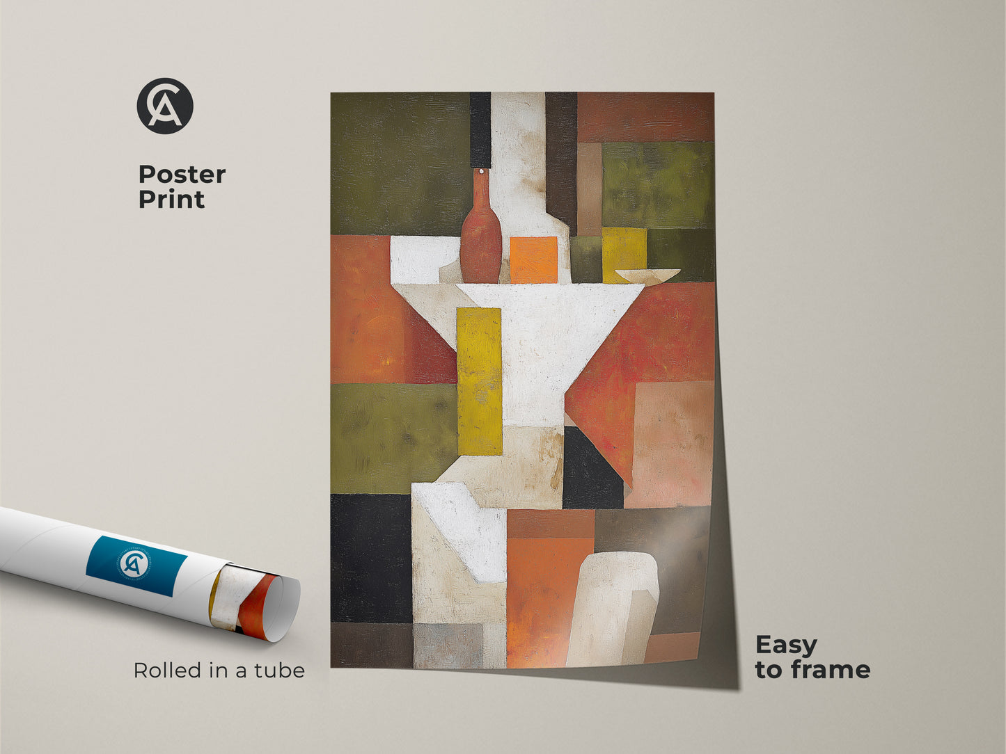 Discover this abstract still life wall art as a poster print. The terracotta and olive green hues add a modern touch. Its geometric cubism artwork arrives rolled in a tube. It is easy to frame for your dining room or office.