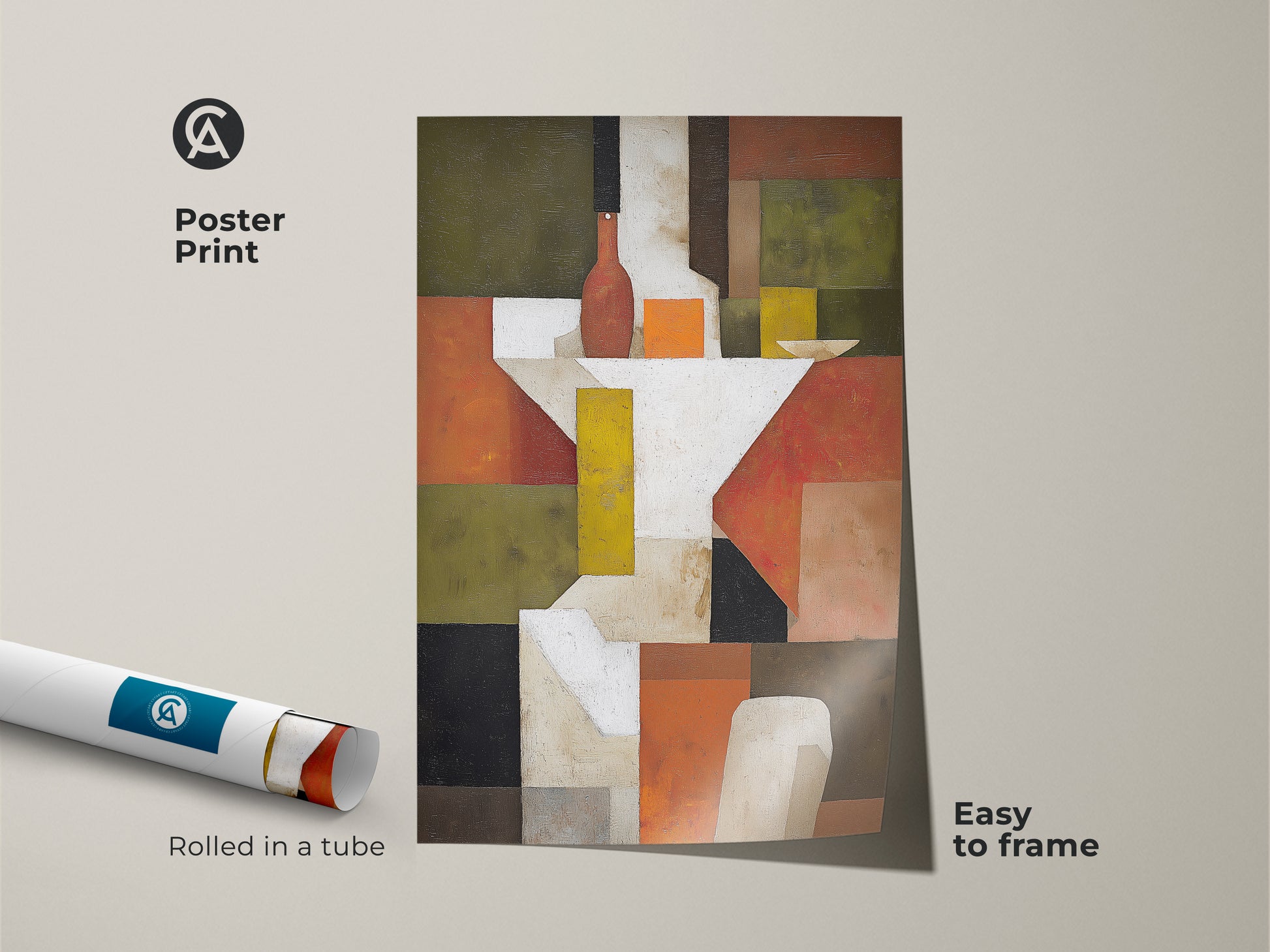 Discover this abstract still life wall art as a poster print. The terracotta and olive green hues add a modern touch. Its geometric cubism artwork arrives rolled in a tube. It is easy to frame for your dining room or office.