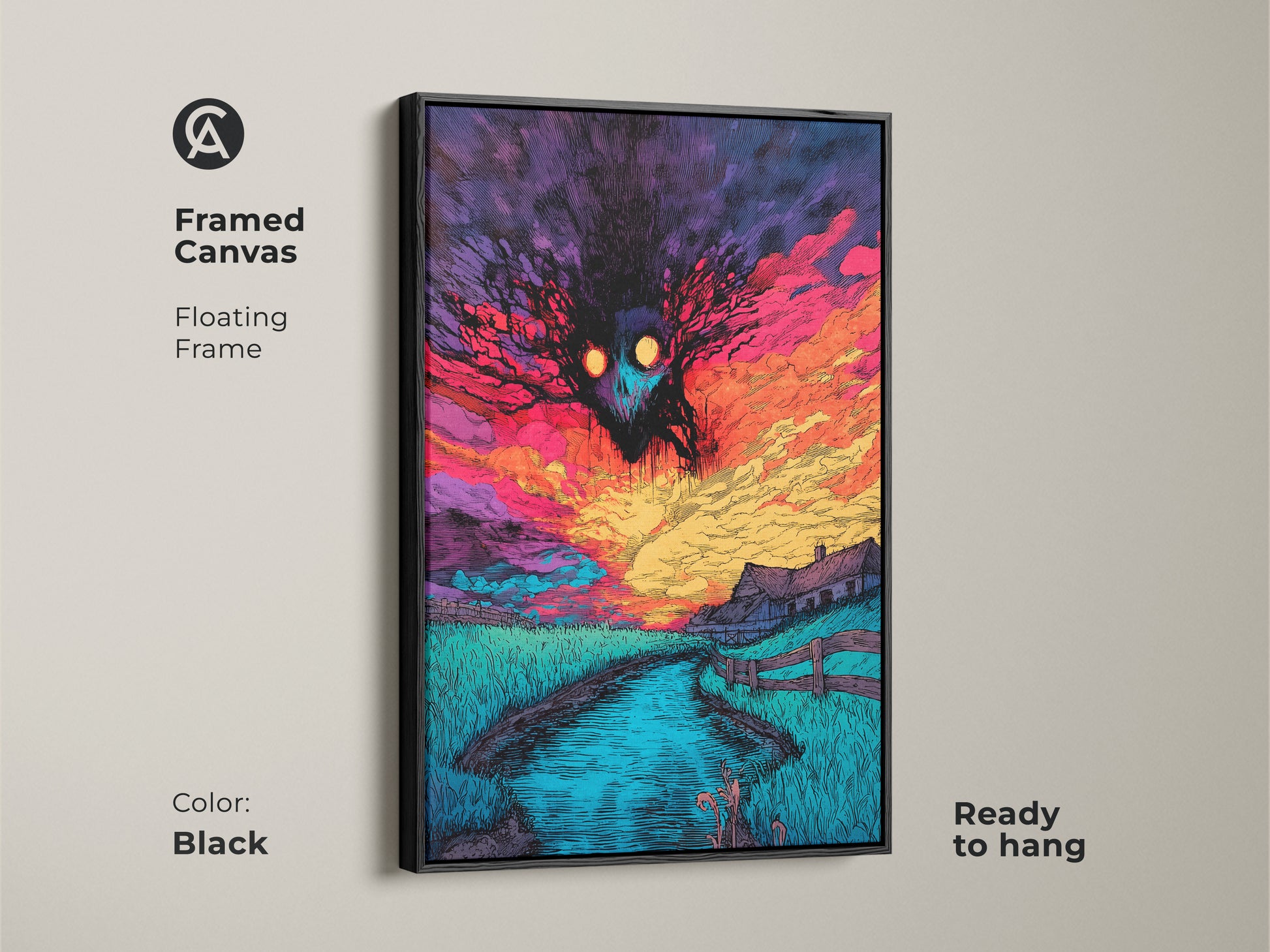 Framed canvas artwork with a floating frame. The artwork features a spooky monster over a farm landscape at sunset. The frame is black and ready to hang. A perfect piece for horror art collectors.
