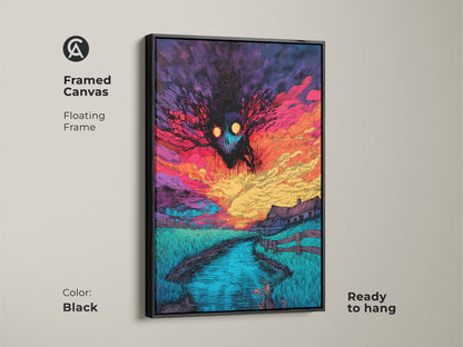 Framed canvas artwork with a floating frame. The artwork features a spooky monster over a farm landscape at sunset. The frame is black and ready to hang. A perfect piece for horror art collectors.