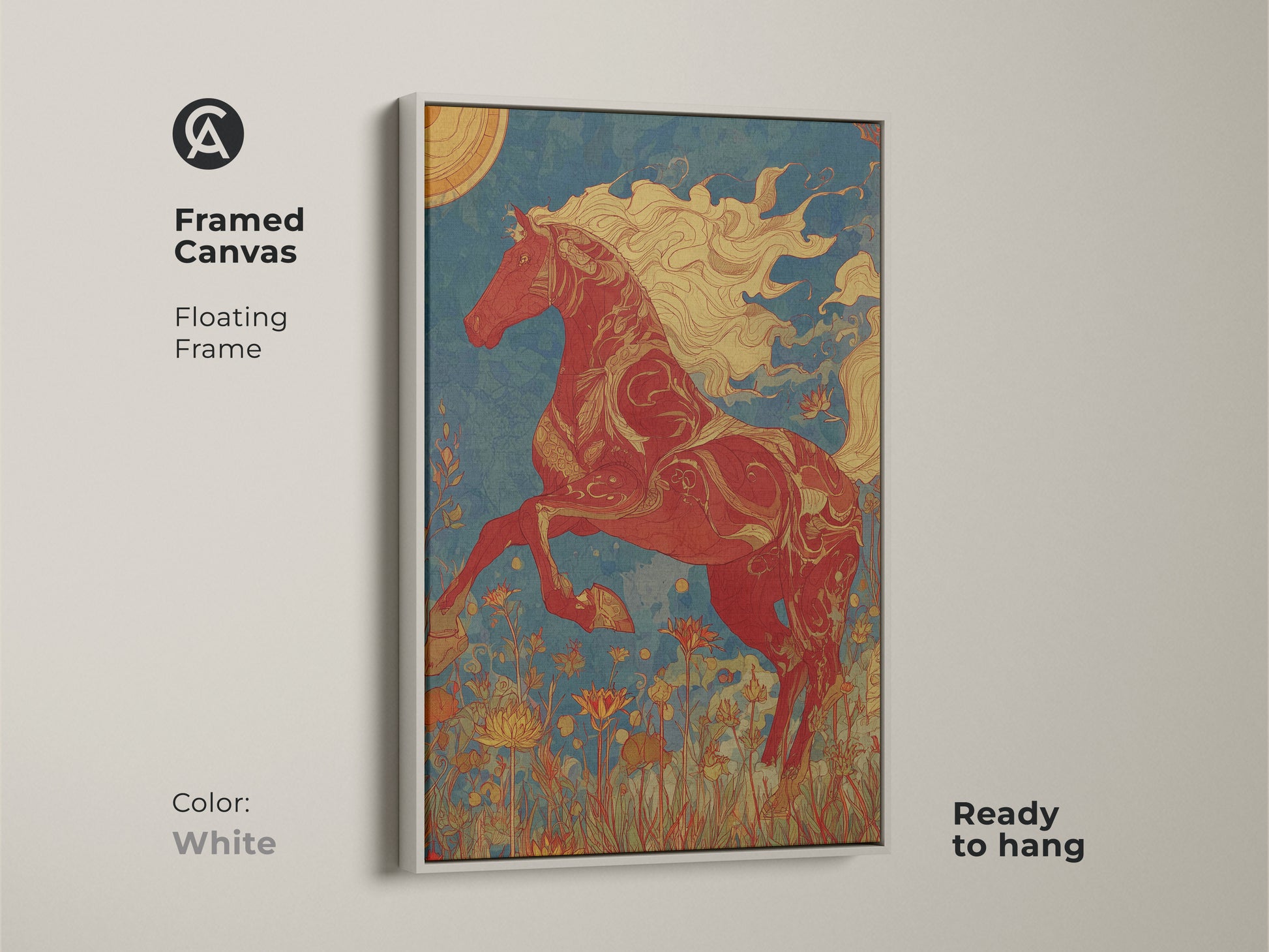 Framed canvas print displaying a red horse in art nouveau style. White floating frame offers a clean look. Ready to hang and perfect for eclectic home decor. The sun and nature art create a calming atmosphere.