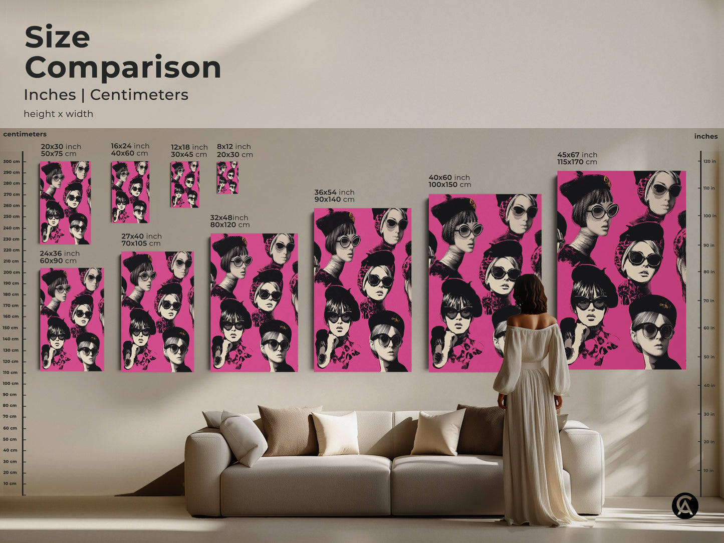 Size comparison of the Retro Pop Art Print featuring a pink fashion woman with sunglasses. See how different sizes fit above a sofa. Available in inches and centimeters. Choose the perfect scale for your eclectic wall decor. This Parisian chic art adds a stylish touch to your home.