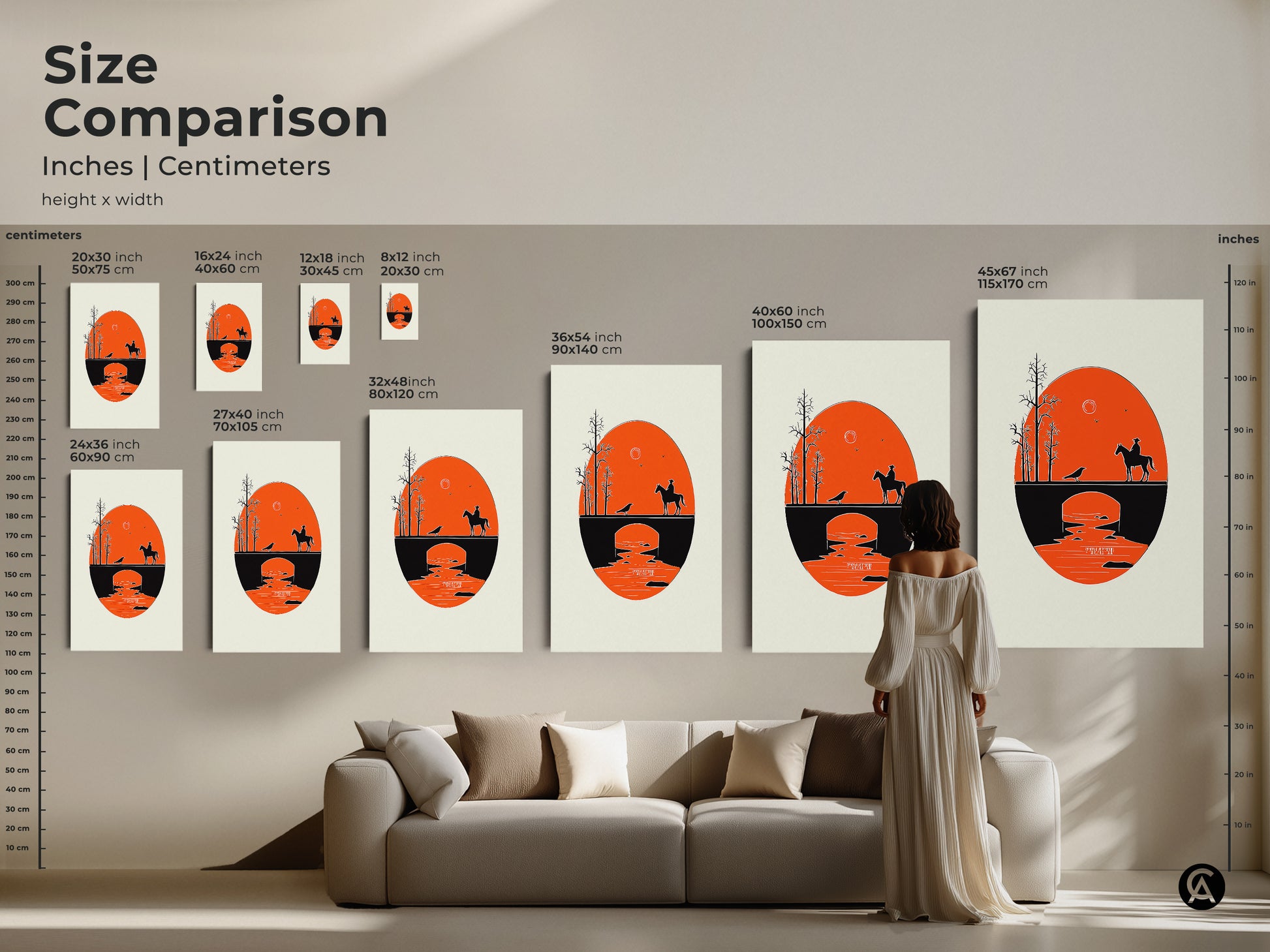Size comparison of this Mid-Century Modern cowboy art print in inches and centimeters. This retro orange and black bridge landscape canvas fits various room sizes. See how the minimalist western art complements a living room setting. Perfect as a housewarming gift for those who appreciate unique wall decor. This silhouette art adds a touch of adventure.
