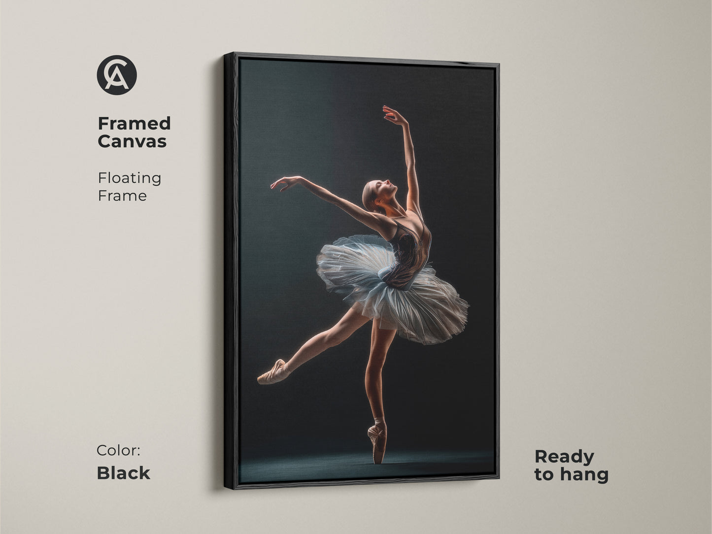 Black framed canvas art featuring a ballerina. The canvas is set in a floating frame. It's ready to hang. The artwork adds a touch of sophistication to your living space or dance studio.