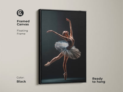 Black framed canvas art featuring a ballerina. The canvas is set in a floating frame. It's ready to hang. The artwork adds a touch of sophistication to your living space or dance studio.