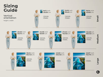 Sizing guide for beach artwork with vertical orientation. Available in small medium and large sizes for canvas and poster prints. Find the perfect fit for your space. Transform your room with this stunning aerial beach artwork.