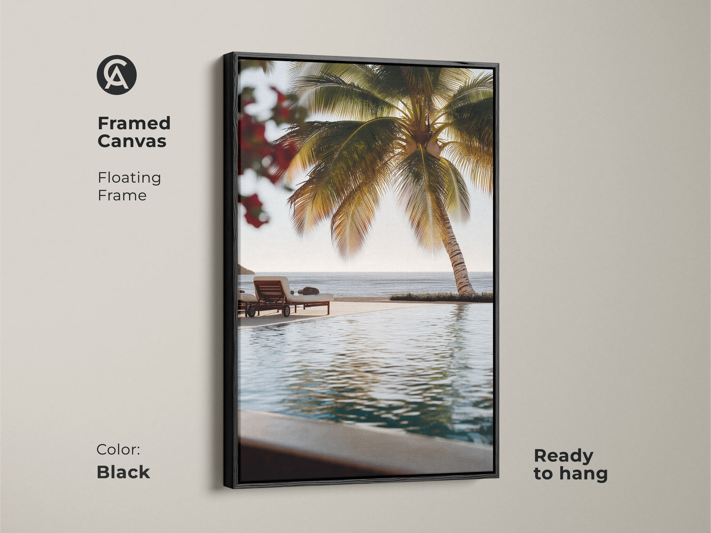 Framed Canvas in Black of Beachside Paradise. Floating frame is ready to hang. Contemporary coastal artwork with a tropical scene. Features a palm tree teal ocean view and lounge chairs by the pool. Add a touch of paradise to your home decor.