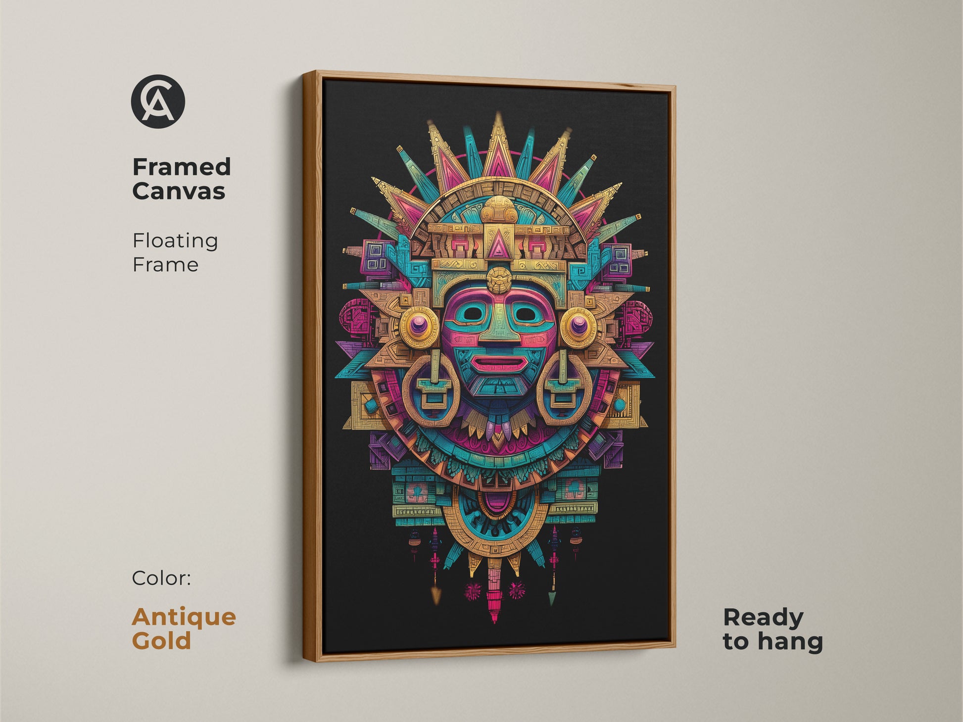 Framed canvas with a floating frame showcasing Mayan mask art. The artwork features an antique gold frame. The Aztec-inspired mask is ready to hang. A sophisticated choice for your art collection. Perfect for adding a cultural touch.