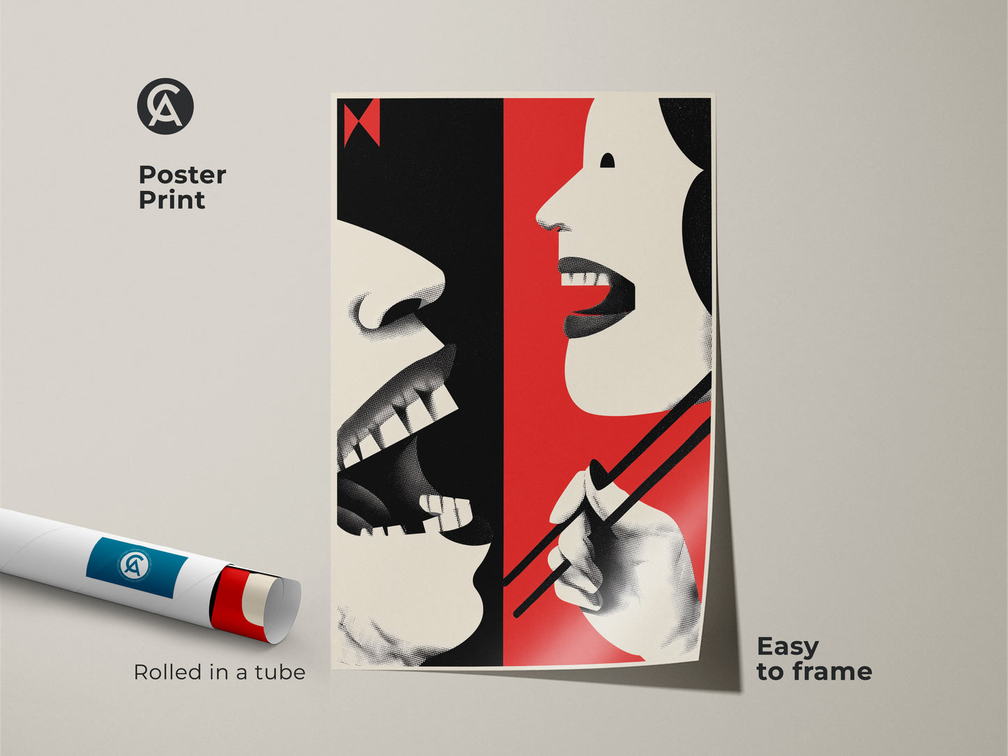 Poster print of abstract mouth art with retro chopsticks wall art. Red cream and black kitchen decor is rolled in a tube. It's an eclectic dining room art print easy to frame. A unique foodie housewarming gift.