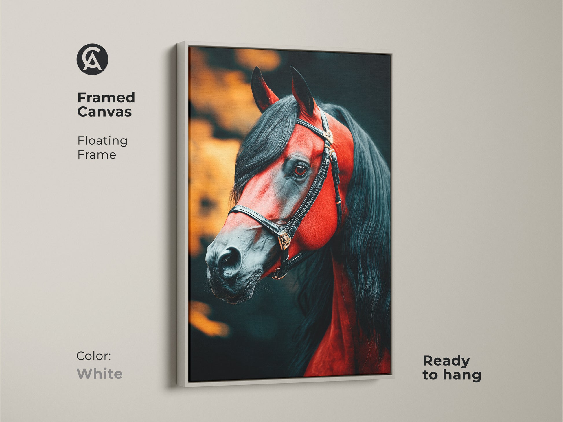 A framed canvas with a crimson red horse head. It has a white floating frame showcasing intense animal artwork. Ready to hang and perfect as a study decor gift. The photorealistic style captures this horse's dramatic equestrian flair.