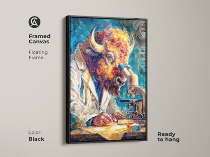 Framed canvas art shows a buffalo scientist using a microscope. A floating frame adds elegance. The black frame enhances the vibrant colors. It is ready to hang. This artwork is a blend of wildlife and scientific curiosity. It's a unique and eye-catching addition to any room.