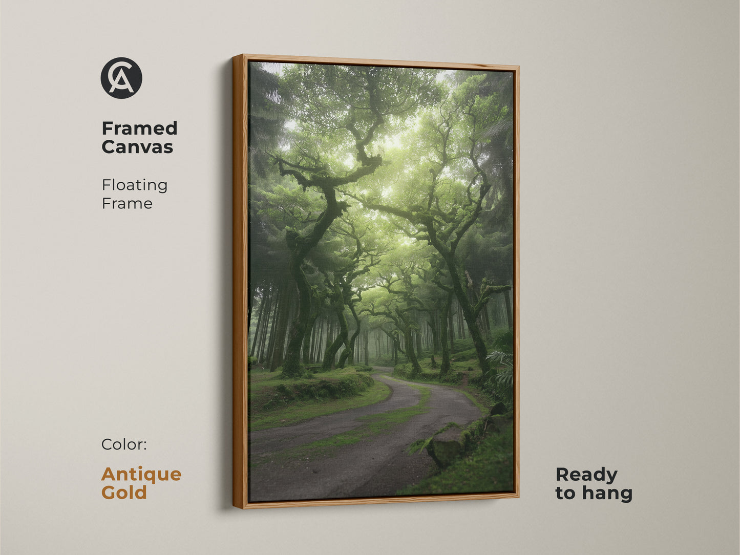 Framed canvas art features a misty forest with emerald green trees along a winding path. The antique gold floating frame enhances the nature landscape canvas. It is ready to hang as boho woodland wall art. This artwork brings serene beauty to any room