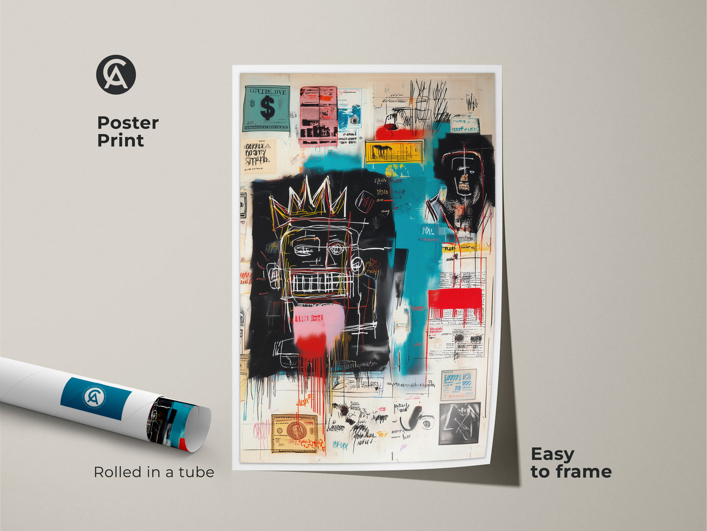 Basquiat art poster rolled in a tube. The artwork features a unique graffiti style. This poster print is easy to frame. Add a touch of urban art to your home. Shop our Basquiat collection for affordable art prints.