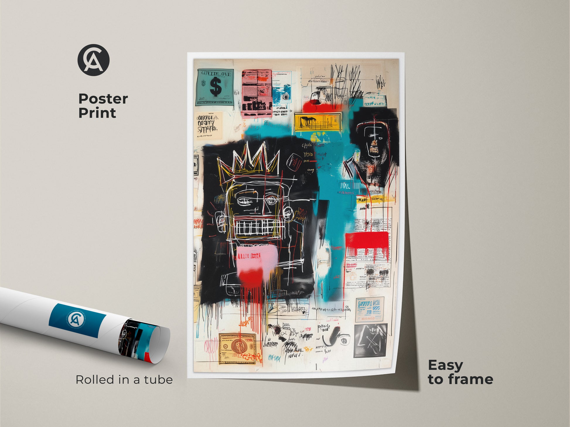 Basquiat art poster rolled in a tube. The artwork features a unique graffiti style. This poster print is easy to frame. Add a touch of urban art to your home. Shop our Basquiat collection for affordable art prints.