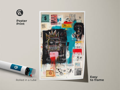 Basquiat art poster rolled in a tube. The artwork features a unique graffiti style. This poster print is easy to frame. Add a touch of urban art to your home. Shop our Basquiat collection for affordable art prints.