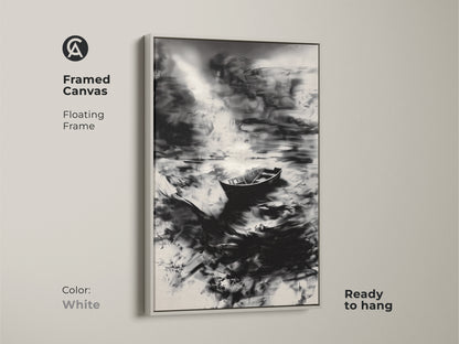 The framed canvas features a black and white abstract boat art piece with a white frame. The monochrome landscape brings modern decor to any space. Ready to hang this serene water print for instant elegance. It's a perfect piece of abstract nature artwork. Consider this coastal wall art.