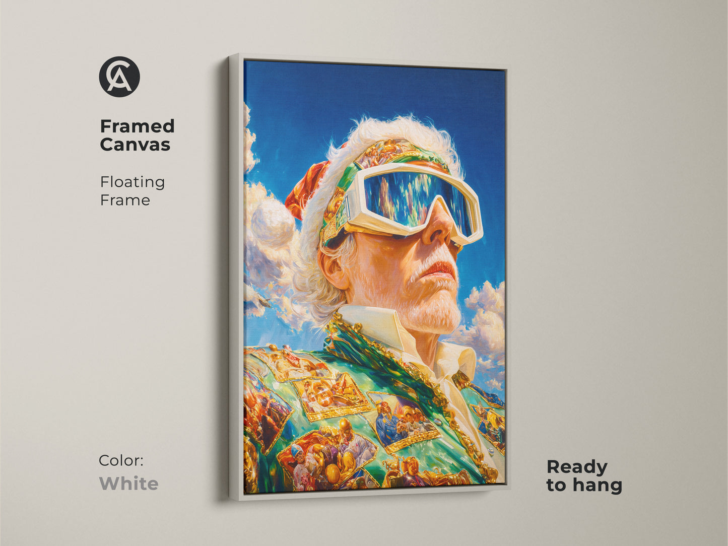 Framed canvas art with a white floating frame is presented. The artwork features a man in goggles and a suit. It is ready to hang. The white frame offers a clean modern look. This piece complements any interior style. Buy this art today.