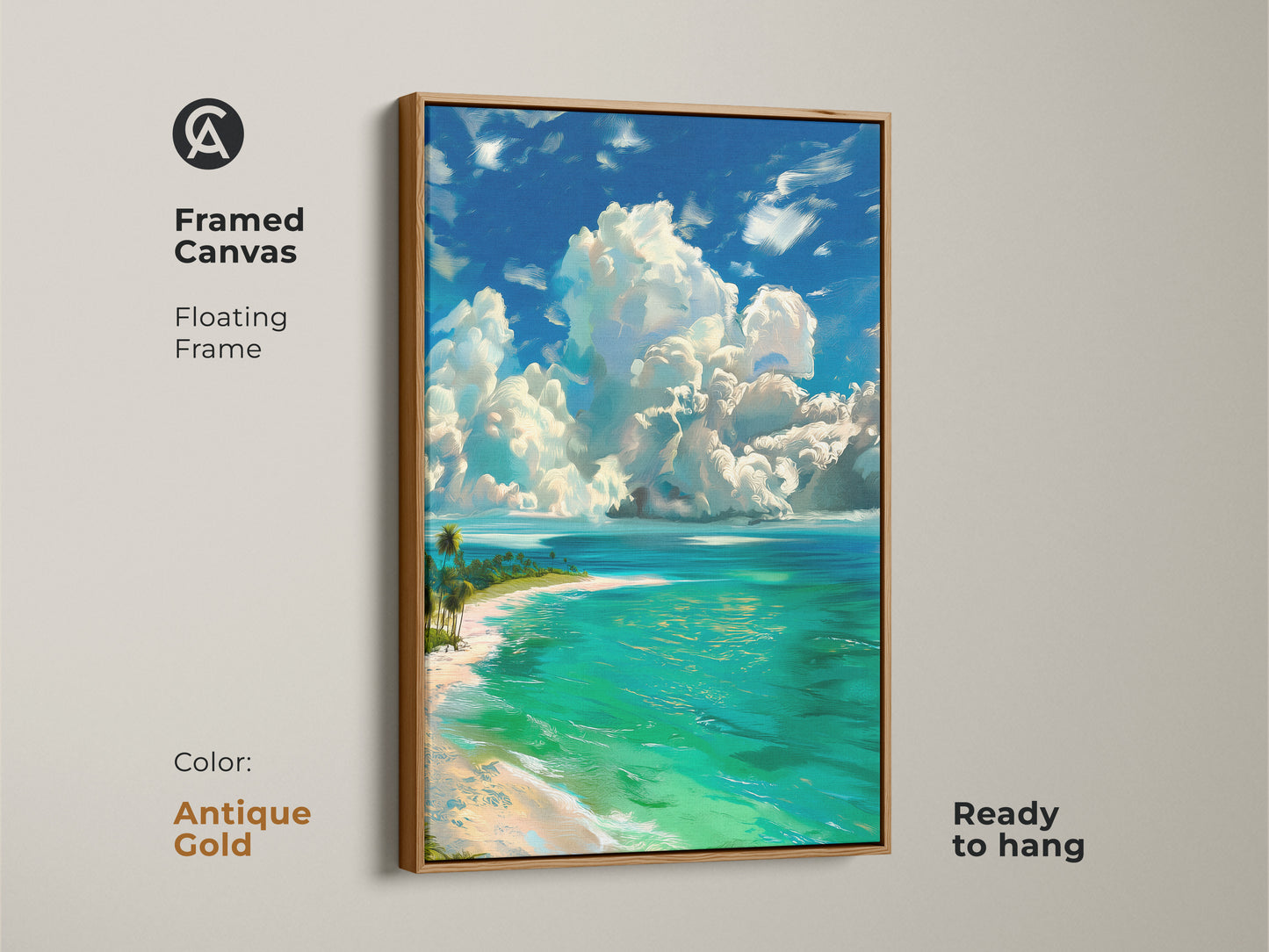 Adorn your walls with this framed beach art featuring a tropical paradise. The antique gold floating frame enhances the turquoise waters and white sand. This canvas print arrives ready to hang adding elegance to your space.