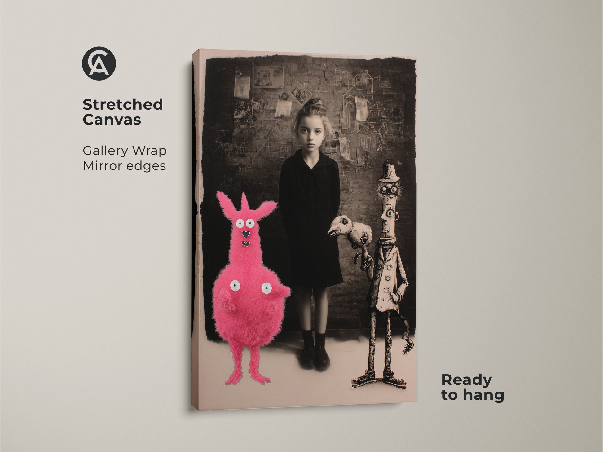 Stretched canvas art print showcasing a surreal girl with a pink creature and birdman. Gallery wrapped with mirrored edges this dark academia wall art is ready to hang. This gothic fantasy artwork makes a great gift for Halloween or any art lover.