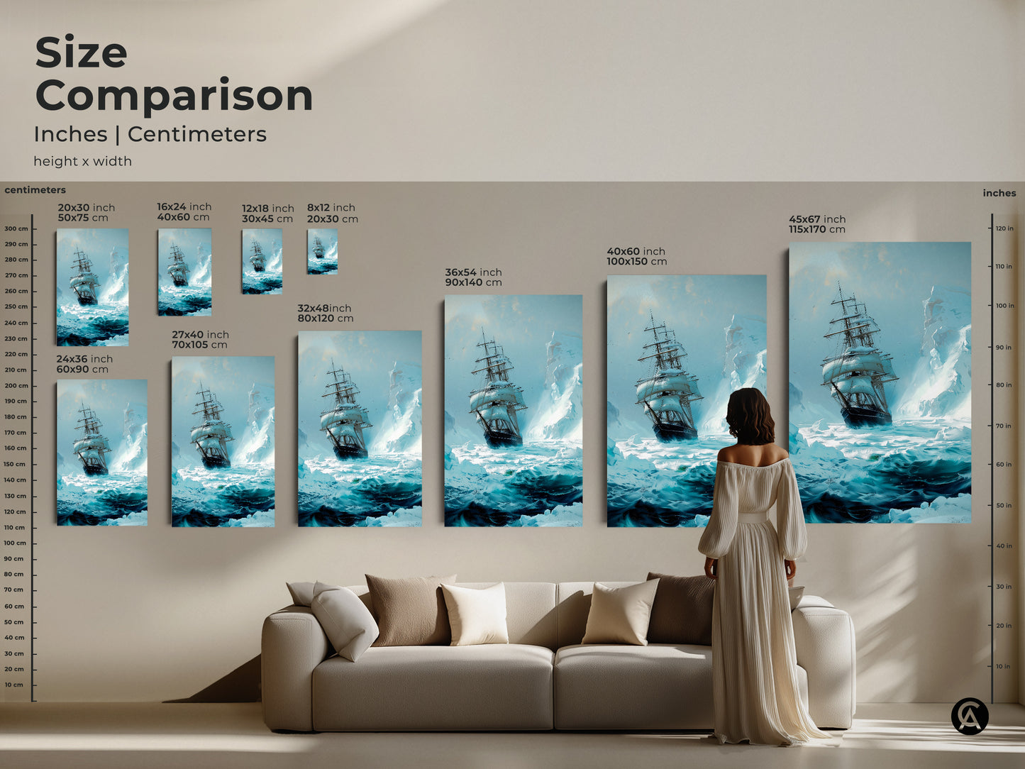A size comparison showcases tall ship art in inches & centimeters. Nautical wall decor ranges from 20x30 cm to 45x67 inch prints. Visualize the scale of this vintage ocean sailboat canvas in different room settings.