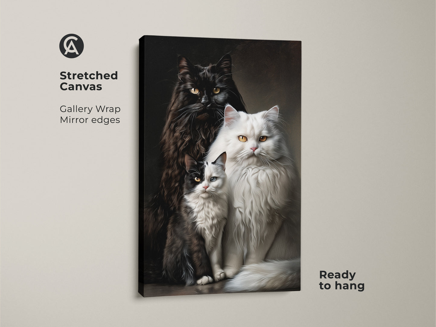 A gallery wrapped stretched canvas displays artwork of three cats. The canvas has mirrored edges and is ready to hang. The art features a fluffy black cat a fluffy white cat and a black and white kitten.