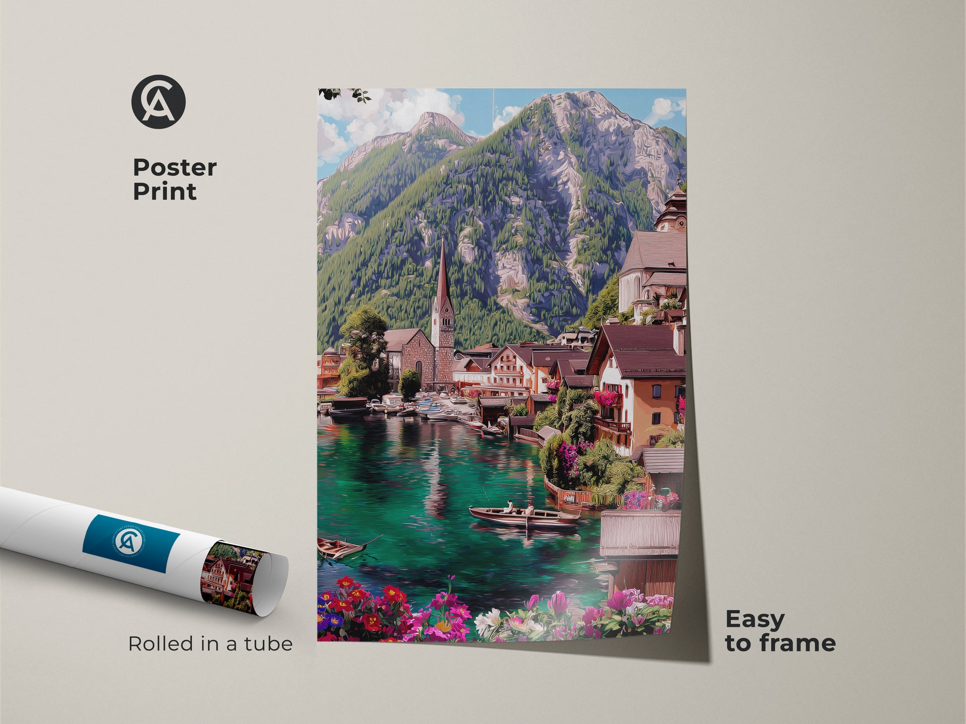 Poster print of a teal lake village landscape rolled in a tube. Easy to frame scenic wall art features an impressionistic mountain backdrop and charming European town. Ideal for adding a touch of nature to your living room this piece showcases blue green water.