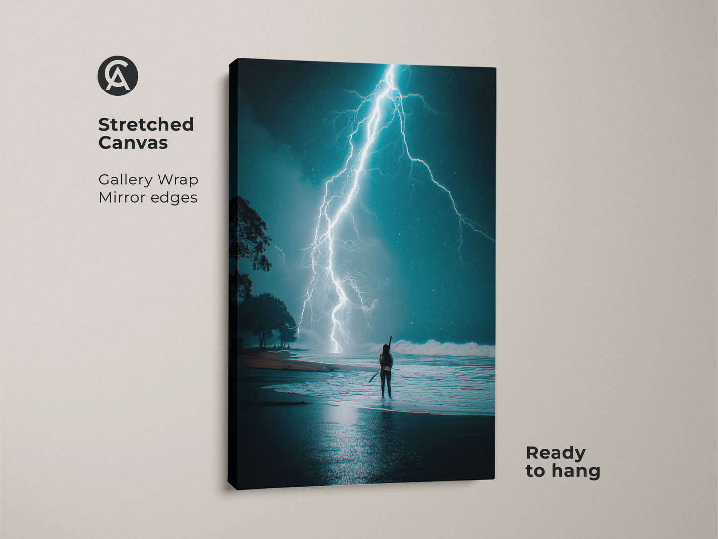 Stretched canvas print of an electric blue ocean storm. A surfer faces a lightning strike in this surreal artwork. The gallery wrap has mirrored edges and is ready to hang. This contemporary coastal art adds a dramatic touch. It's ideal for thrill seekers and modern beach houses.