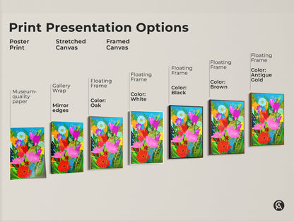 Explore print presentation options: poster print stretched canvas and framed canvas. Floating frame available in White Oak Black Brown and Antique Gold. Discover museum-quality edges and gallery-wrapped art for your unique home style.