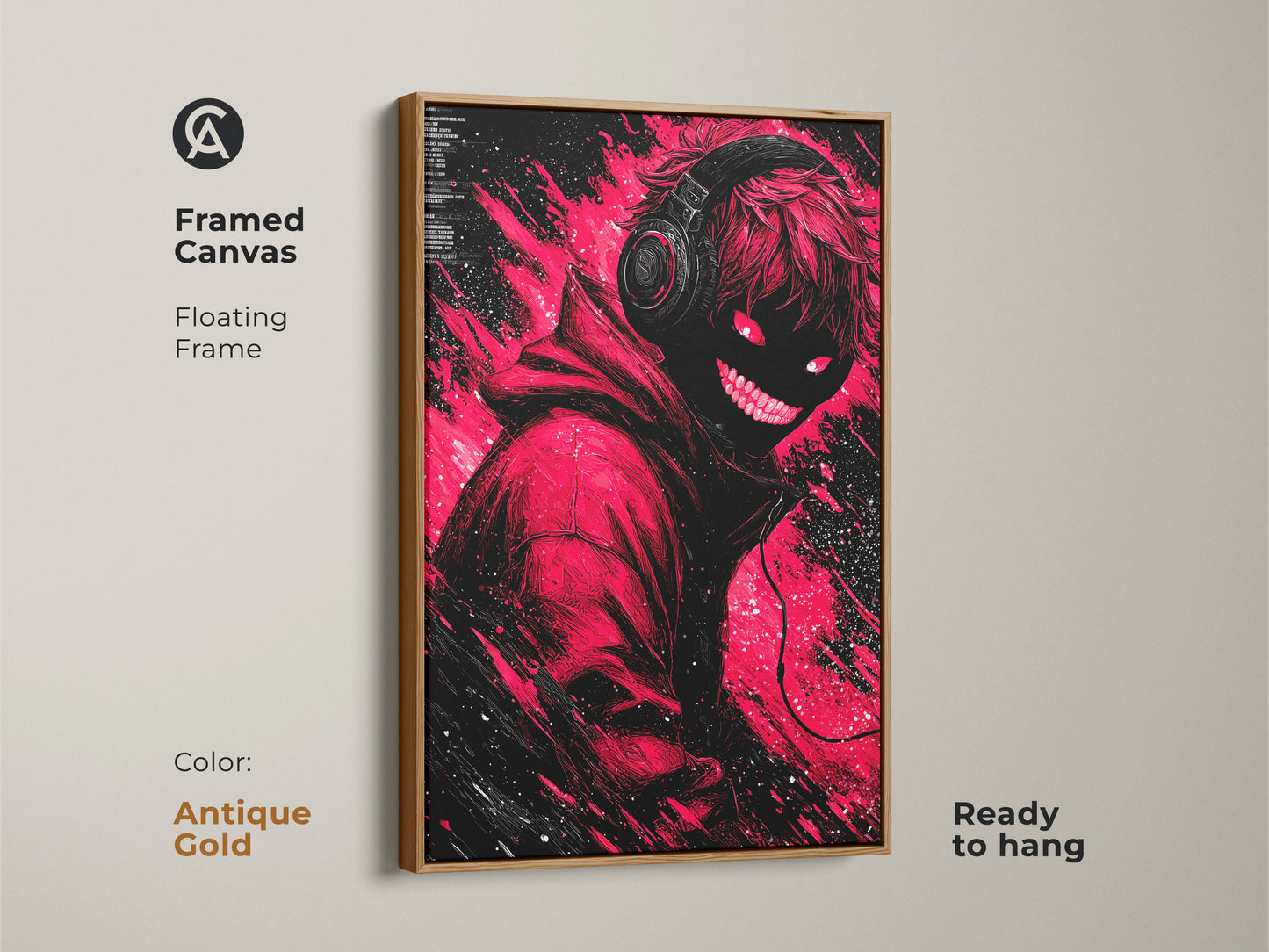 Framed canvas artwork in antique gold featuring a modern illustration. The artwork has a figure with headphones and glowing red eyes. Ready to hang this floating frame adds art to your home wall decor collection.