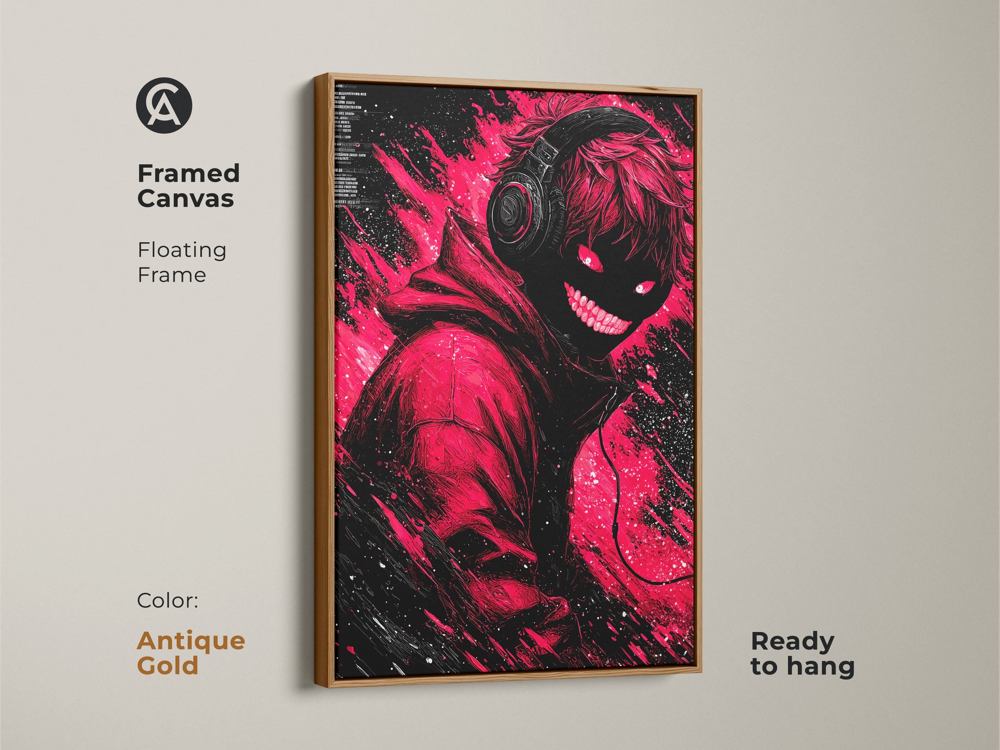 Framed canvas artwork in antique gold featuring a modern illustration. The artwork has a figure with headphones and glowing red eyes. Ready to hang this floating frame adds art to your home wall decor collection.