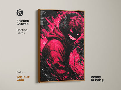 Framed canvas artwork in antique gold featuring a modern illustration. The artwork has a figure with headphones and glowing red eyes. Ready to hang this floating frame adds art to your home wall decor collection.