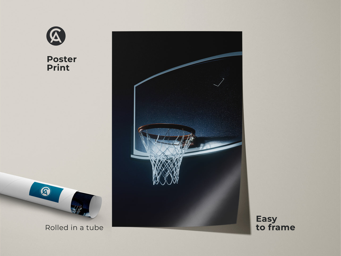 Poster print of a basketball hoop. Rolled in a tube. Easy to frame. Minimalist sports art with a black blue net. Great wall decor for a man cave or gym. This basketball-themed artwork makes an excellent gift for hoopers.