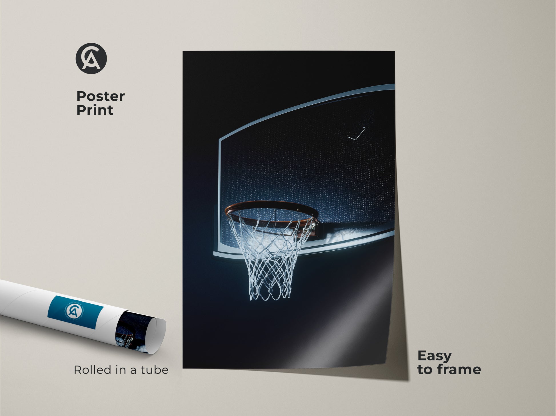 Poster print of a basketball hoop. Rolled in a tube. Easy to frame. Minimalist sports art with a black blue net. Great wall decor for a man cave or gym. This basketball-themed artwork makes an excellent gift for hoopers.