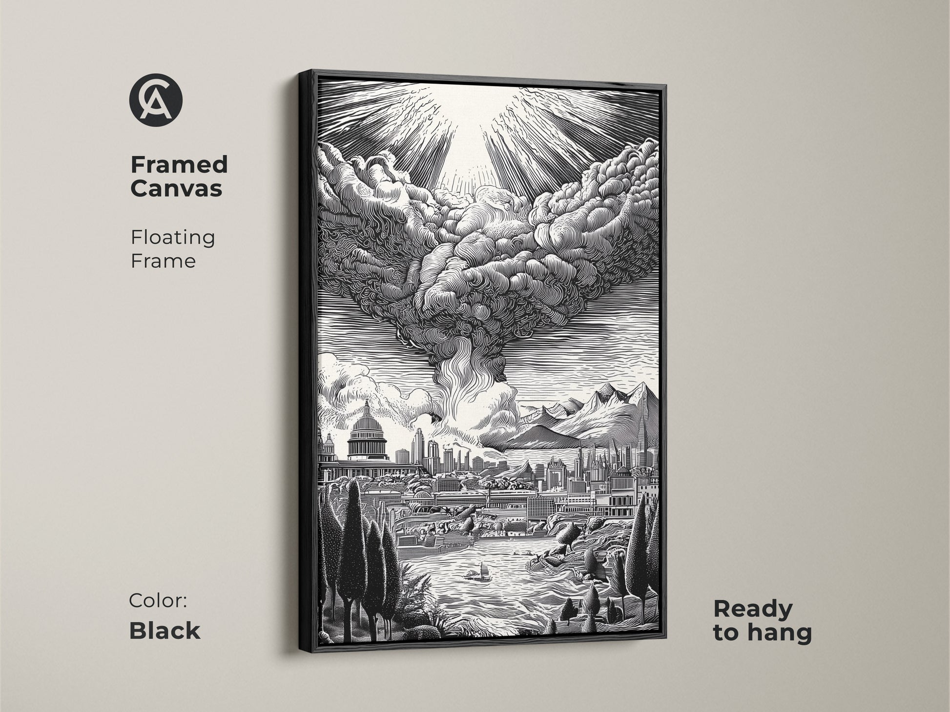 Framed canvas artwork with a floating frame. This black-framed art highlights a cityscape with a dramatic sky. The monochrome artwork is ready to hang. It adds a touch of modern elegance to any room. Discover framed canvas art for your home decor needs now.