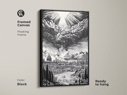 Framed canvas artwork with a floating frame. This black-framed art highlights a cityscape with a dramatic sky. The monochrome artwork is ready to hang. It adds a touch of modern elegance to any room. Discover framed canvas art for your home decor needs now.