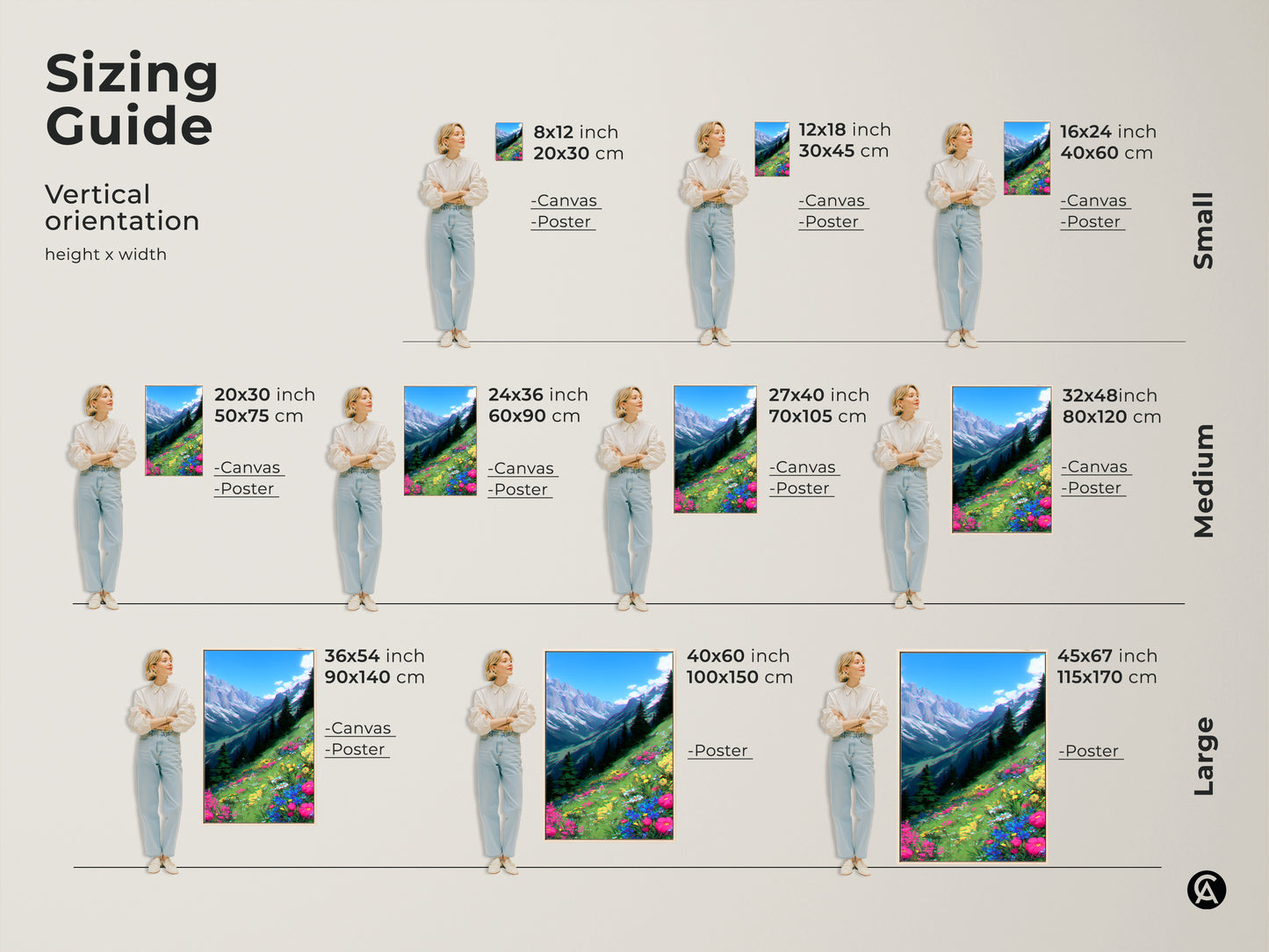 Sizing guide for anime mountain landscape artwork. The image shows vertical orientations with height and width in inches and centimeters. Visualize the art in sizes from small to large. Find the perfect fit for your bedroom or living space.