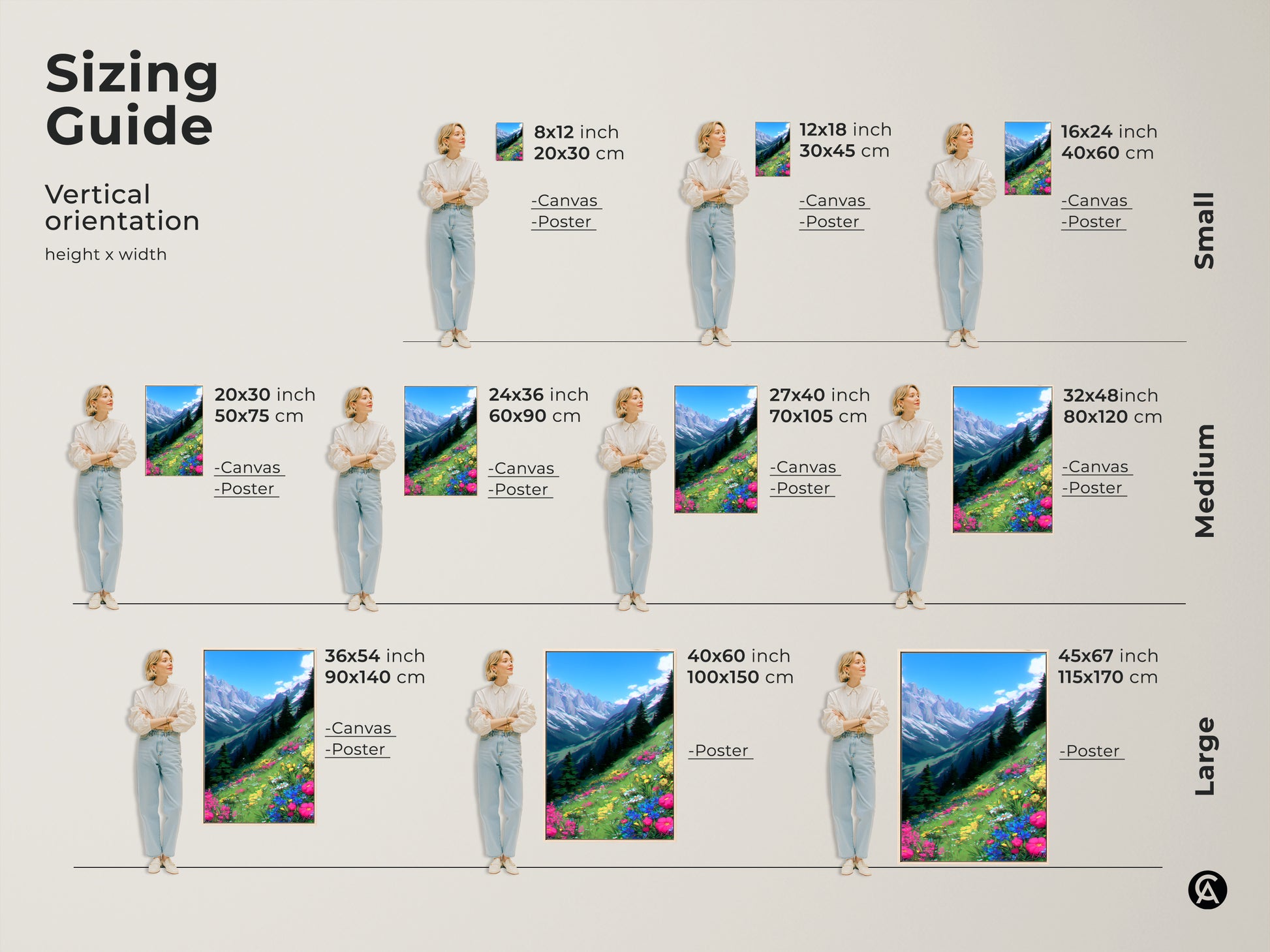 Sizing guide for anime mountain landscape artwork. The image shows vertical orientations with height and width in inches and centimeters. Visualize the art in sizes from small to large. Find the perfect fit for your bedroom or living space.