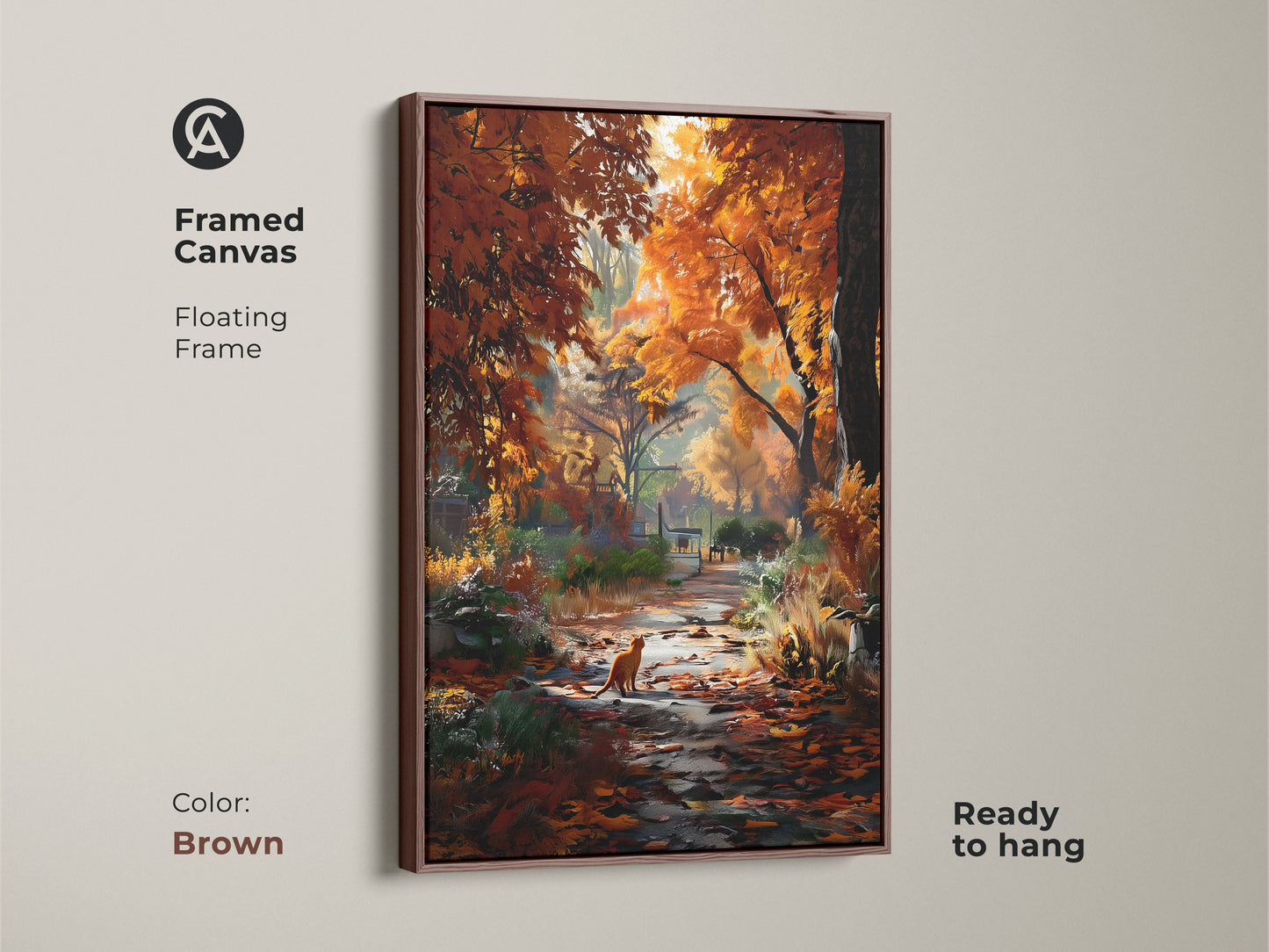 Elevate your space with this framed canvas artwork. It has a brown floating frame and a beautiful autumn scene. The art shows a cat on a leaf-covered path. Its ready to hang and enjoy