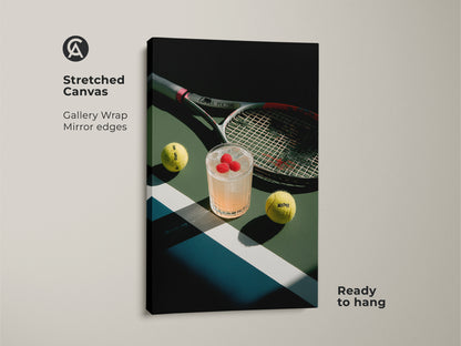 Stretched canvas art showcasing a tennis theme. The artwork includes a cocktail tennis balls and racket. The gallery wrap and mirror edges give it a modern look. It is ready to hang and enjoy.