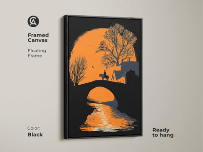 Framed canvas art featuring a floating frame. This minimalist bridge horse rider artwork captures an orange sunset nature scene. The black frame enhances the modern farmhouse aesthetic. This equestrian wall decor is ready to hang.