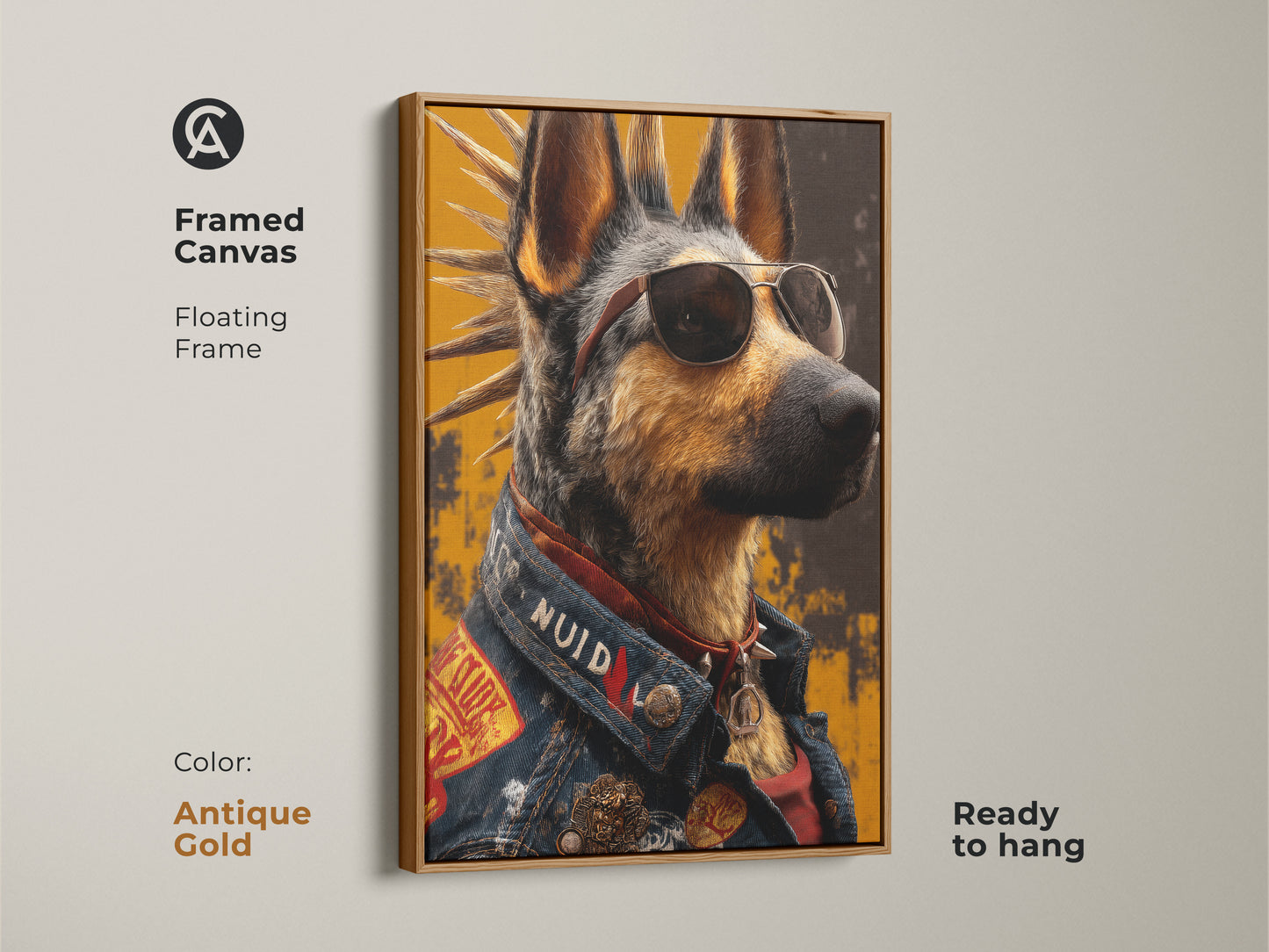 White framed canvas art featuring a punk rock German Shepherd. The cool dog is wearing aviator sunglasses and a denim jacket. Its eclectic style enhances any space. Ready to hang for easy decor.
