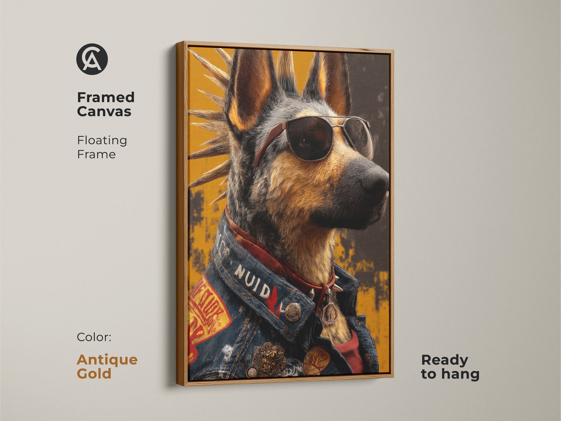White framed canvas art featuring a punk rock German Shepherd. The cool dog is wearing aviator sunglasses and a denim jacket. Its eclectic style enhances any space. Ready to hang for easy decor.