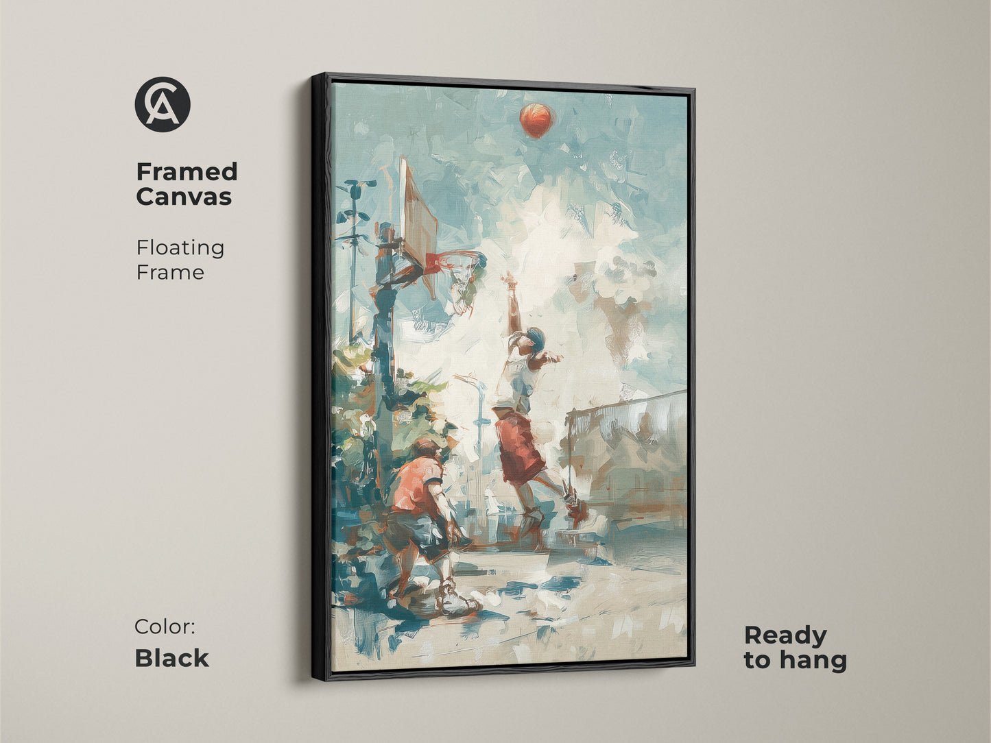 Enhance your decor with this framed basketball art. The black floating frame adds a touch of sophistication. The artwork showcases an exciting street basketball scene. It is ready to hang and enjoy. Perfect for basketball fans. Add a sporty touch to any room