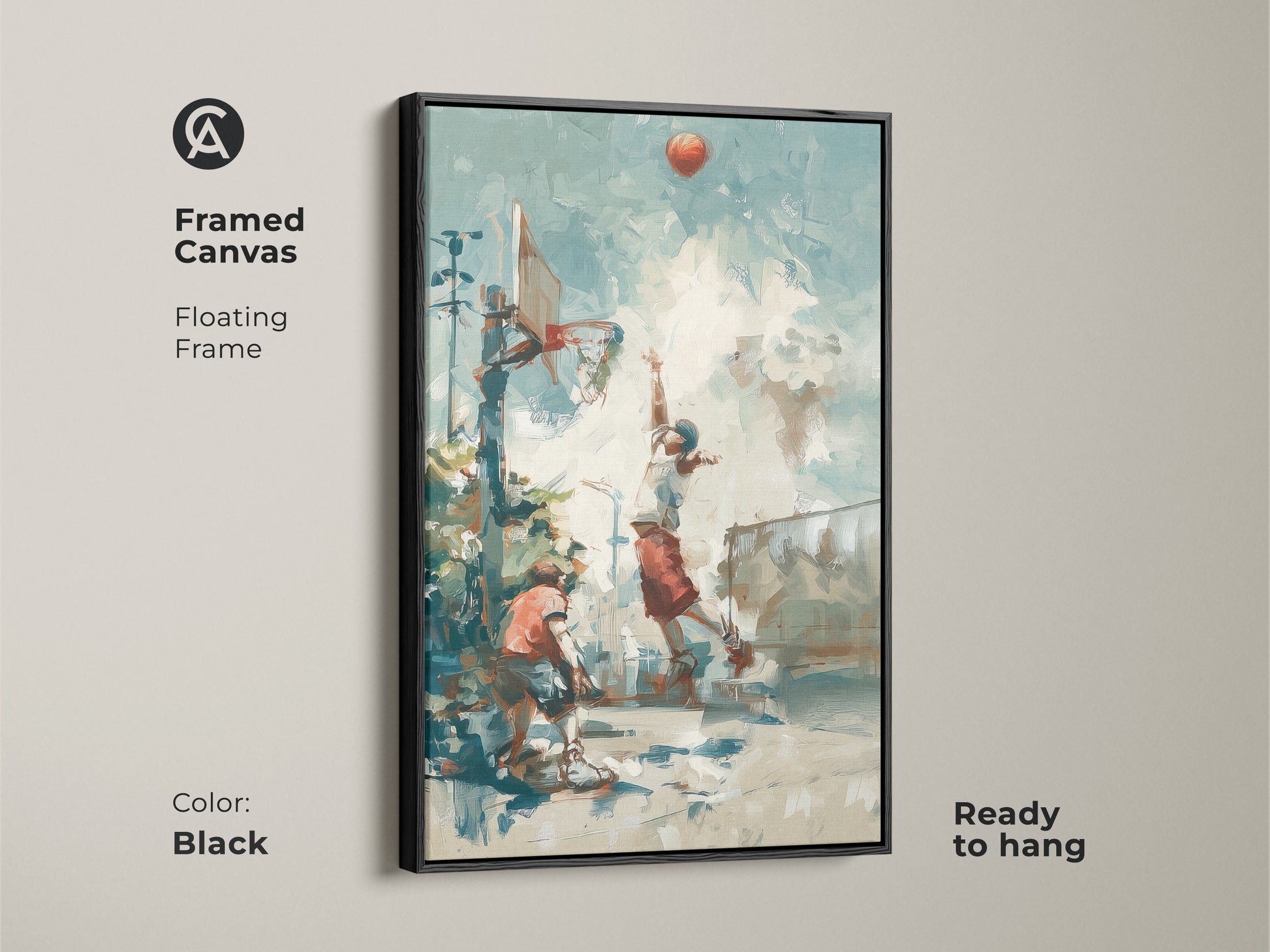 Enhance your decor with this framed basketball art. The black floating frame adds a touch of sophistication. The artwork showcases an exciting street basketball scene. It is ready to hang and enjoy. Perfect for basketball fans. Add a sporty touch to any room