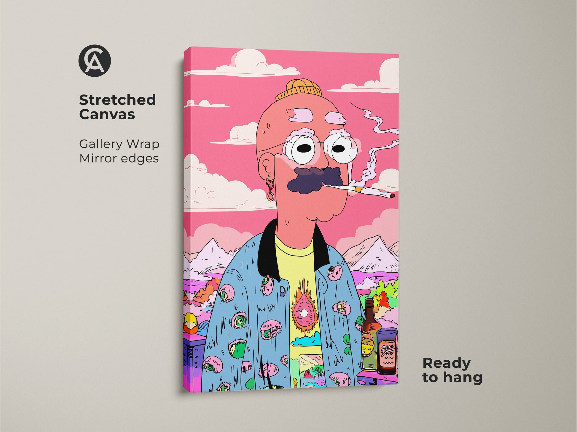 Stretched canvas artwork featuring a cartoon man smoking. The gallery wrap and mirror edges provide a modern look. This ready-to-hang art print adds personality to any room. The vibrant colors and quirky character make it a fun conversation piece. A great choice for unique wall decor.
