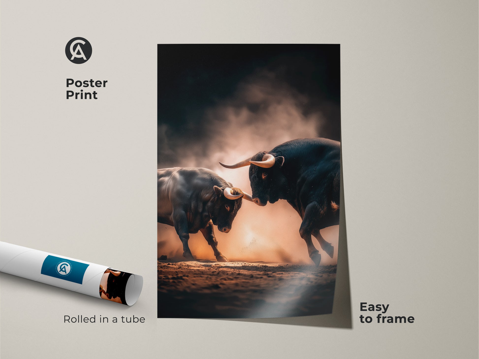 Poster print of two bulls fighting. This animal artwork is rolled in a tube for easy framing. A striking addition to any room. The bull fighting artwork captures the intensity of the moment. Shop now and bring the drama home.
